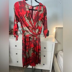 ZARA BASIC Floral Leaves Wrap Neck Double Sash Waistband Lined Dress Wm's Medium